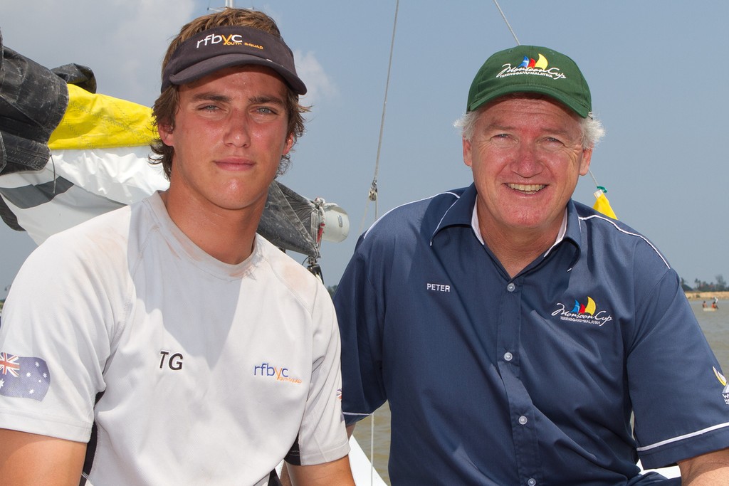 David Gilmour with his father Peter at the Asian Match Racing Championships. Kuala Terengannu, Malaysia. 14 October 2011. © Gareth Cooke Subzero Images/Monsoon Cup http://www.monsooncup.com.my